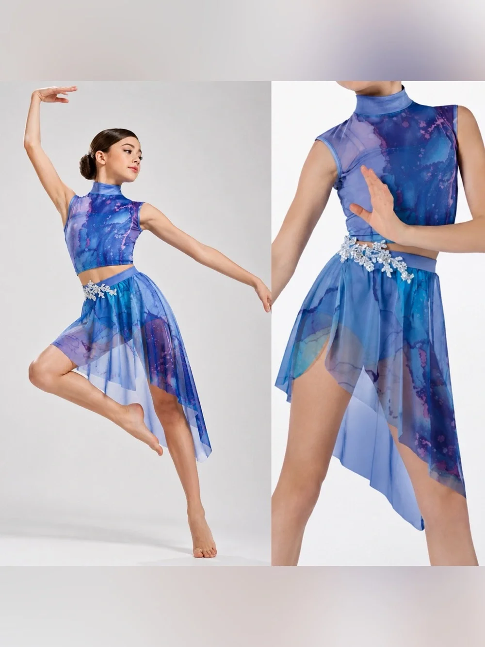 Weissman dance costume 2 piece lyrical mesh Blue watercolor 14113 MC child